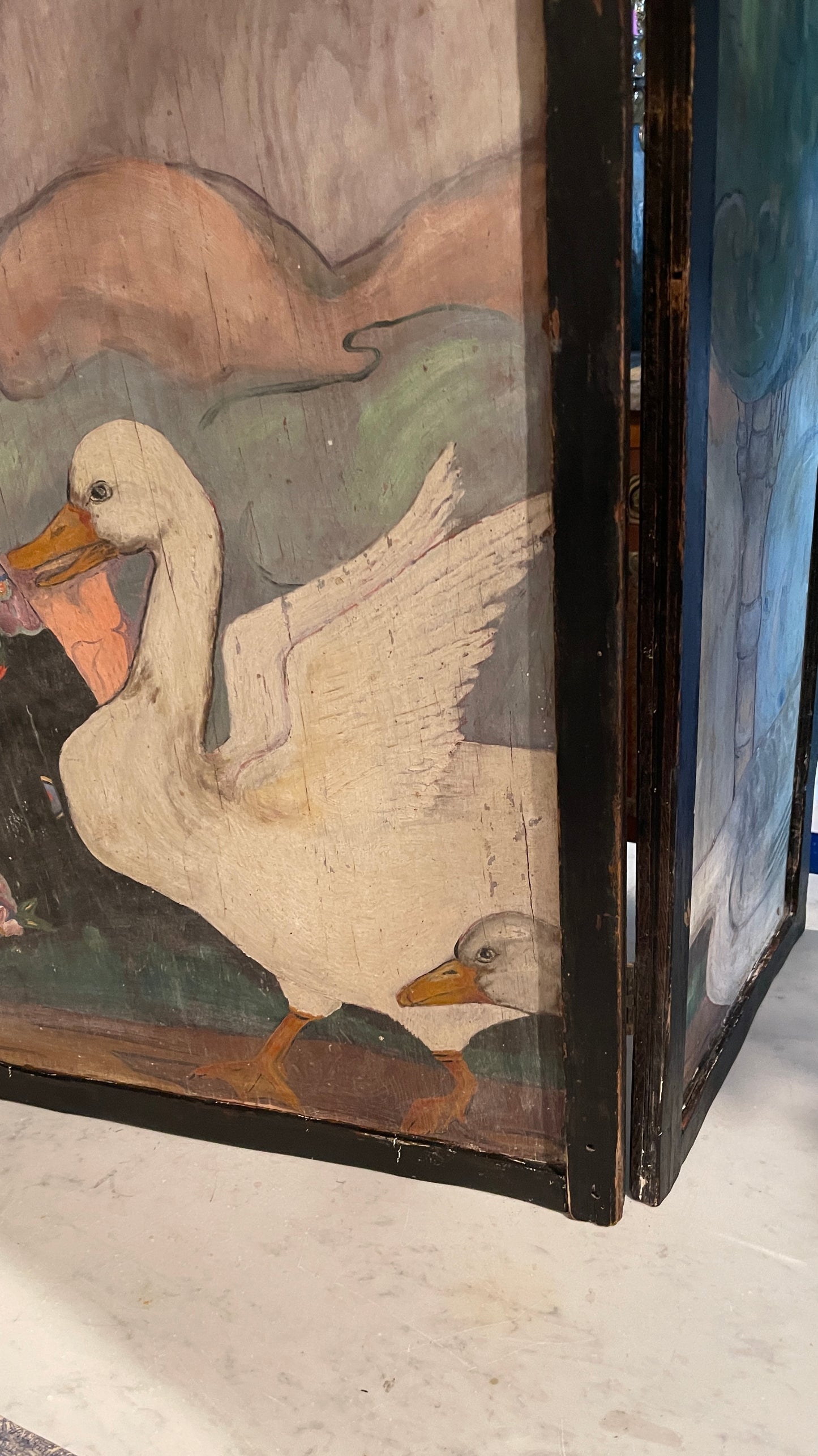 Early 20th Century Hand-Painted Storybook Fireplace Screen with Girl & Geese