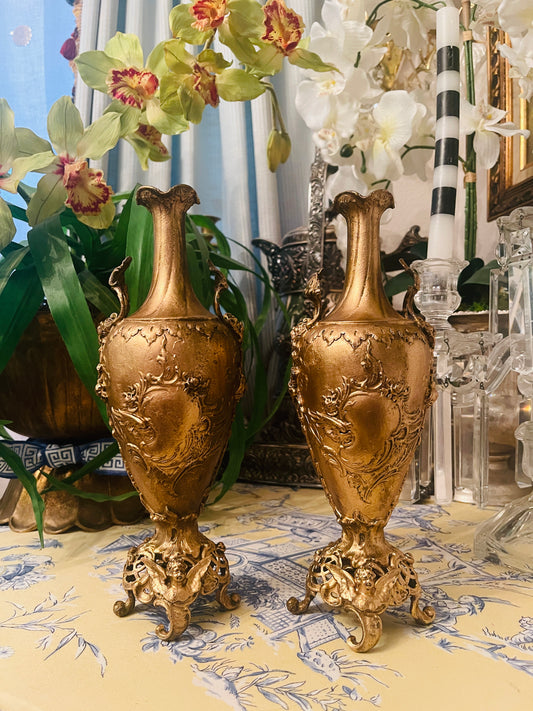 Gilded Louis XV Rococo Bronze French Footed Vases, Ornate Design