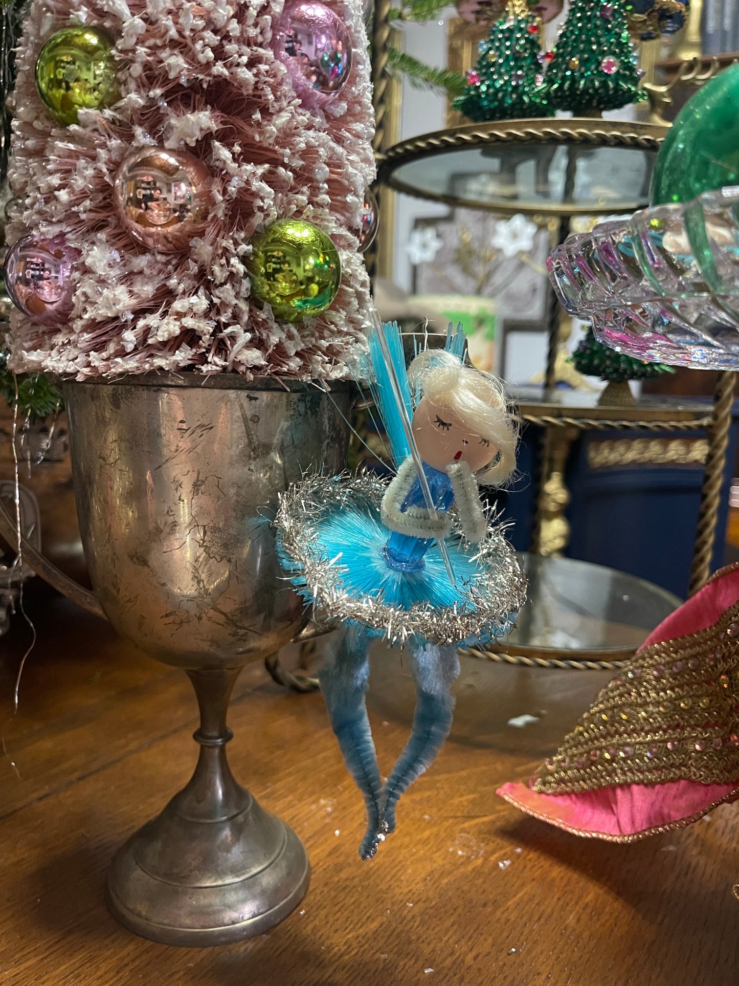 Vintage Handmade Angel Ballerina Ornament – Turquoise Tutu, Tinsel Trim & Shimmering Wings