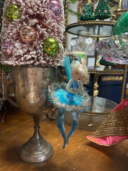 Vintage Handmade Angel Ballerina Ornament – Turquoise Tutu, Tinsel Trim & Shimmering Wings