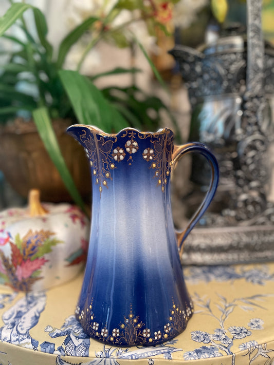 K & G Luneville France Blue, White and Gilt Relief Pitcher