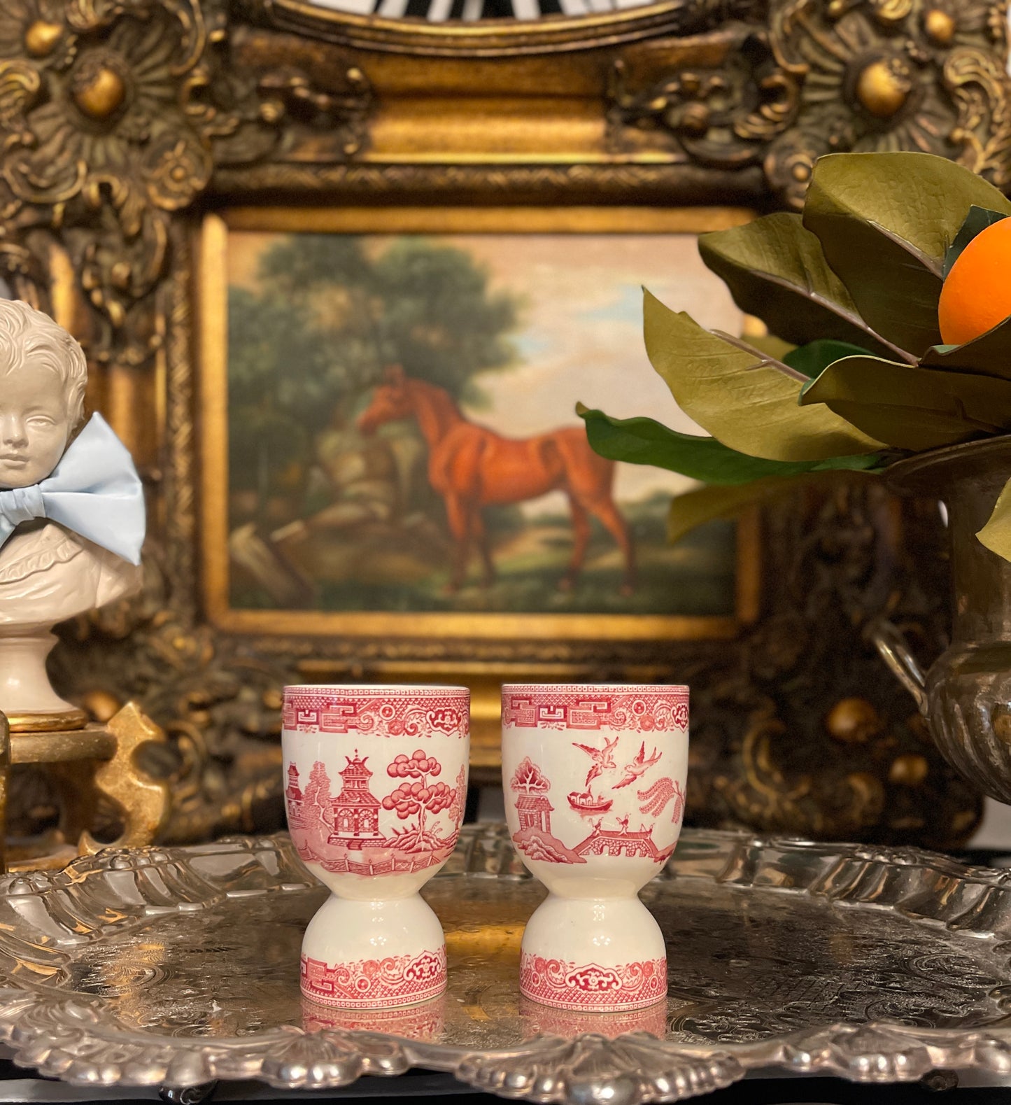 Large Pink Willow Double Egg Cups, Vintage, Selling in Pairs