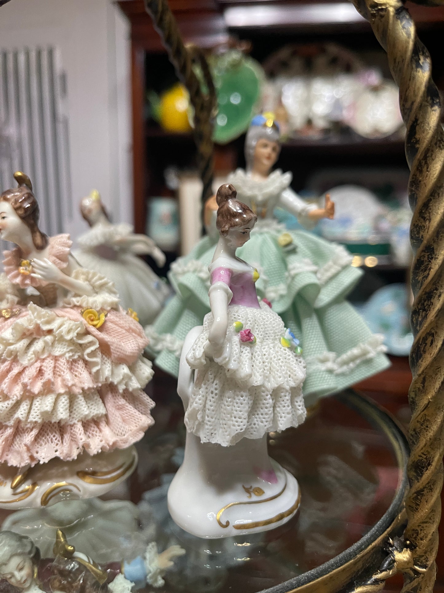 Pretty Vintage German Porcelain Dresden-Style Dancer Figurine | Lace Detail |Pink Top | Applied Flowers