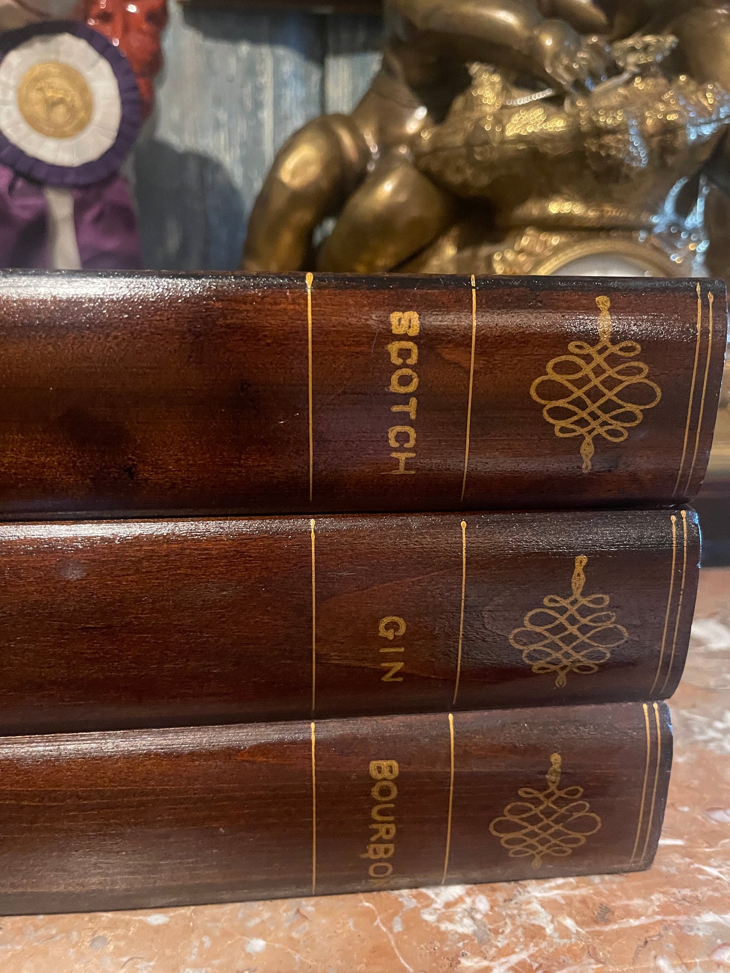 Vintage Japanese Wood “Book Stack” Box with Amber Glass Inset — Mid-Century Bar Set, Made in Japan