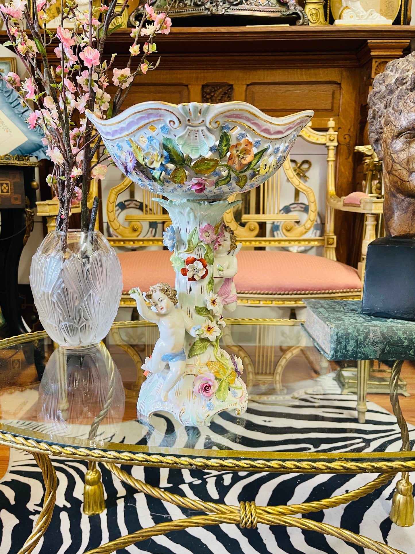 Antique Dresden Sitzendorf Figural Compote | 14” Rococo Cherub Centerpiece with Applied Flowers | c. 1900