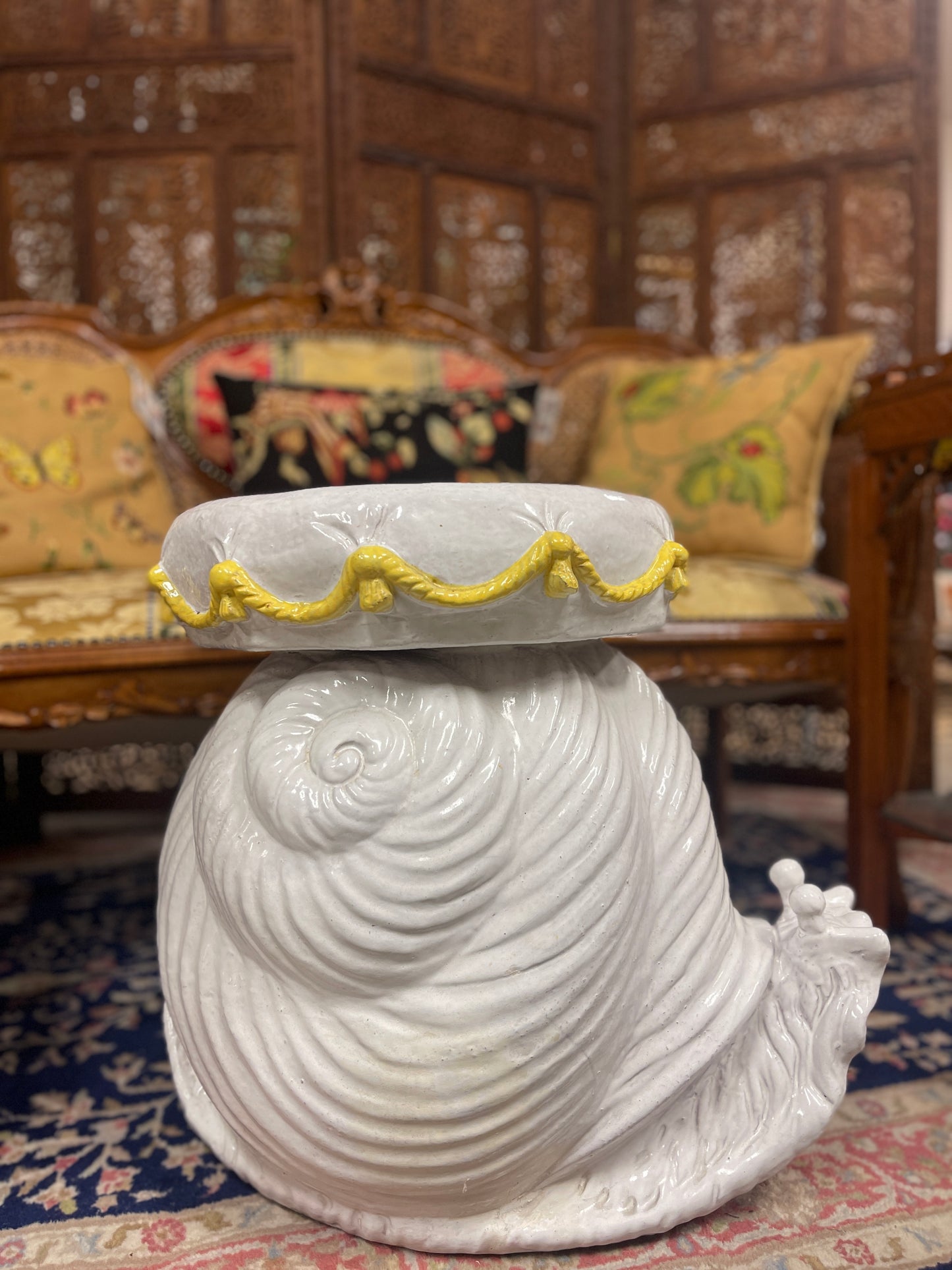 Italian Snail Side Table/Garden Stool with a Tufted and Tasseled Pillow, Made in Italy, Vintage