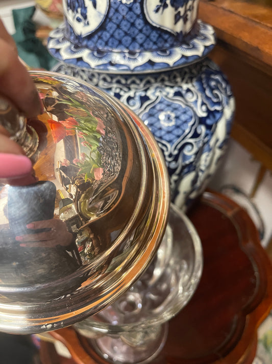 Vintage Bubble Glass Apothecary Jar with Silver Plate Lid & Acorn Finial