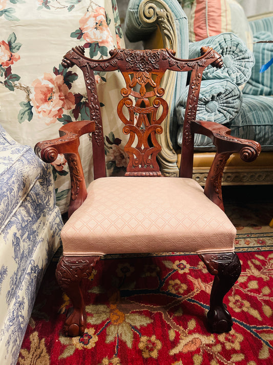 Vintage Chinese Chippendale Child’s Chair / Salesman’s Sample – Pink Upholstery & Chinoiserie Elegance