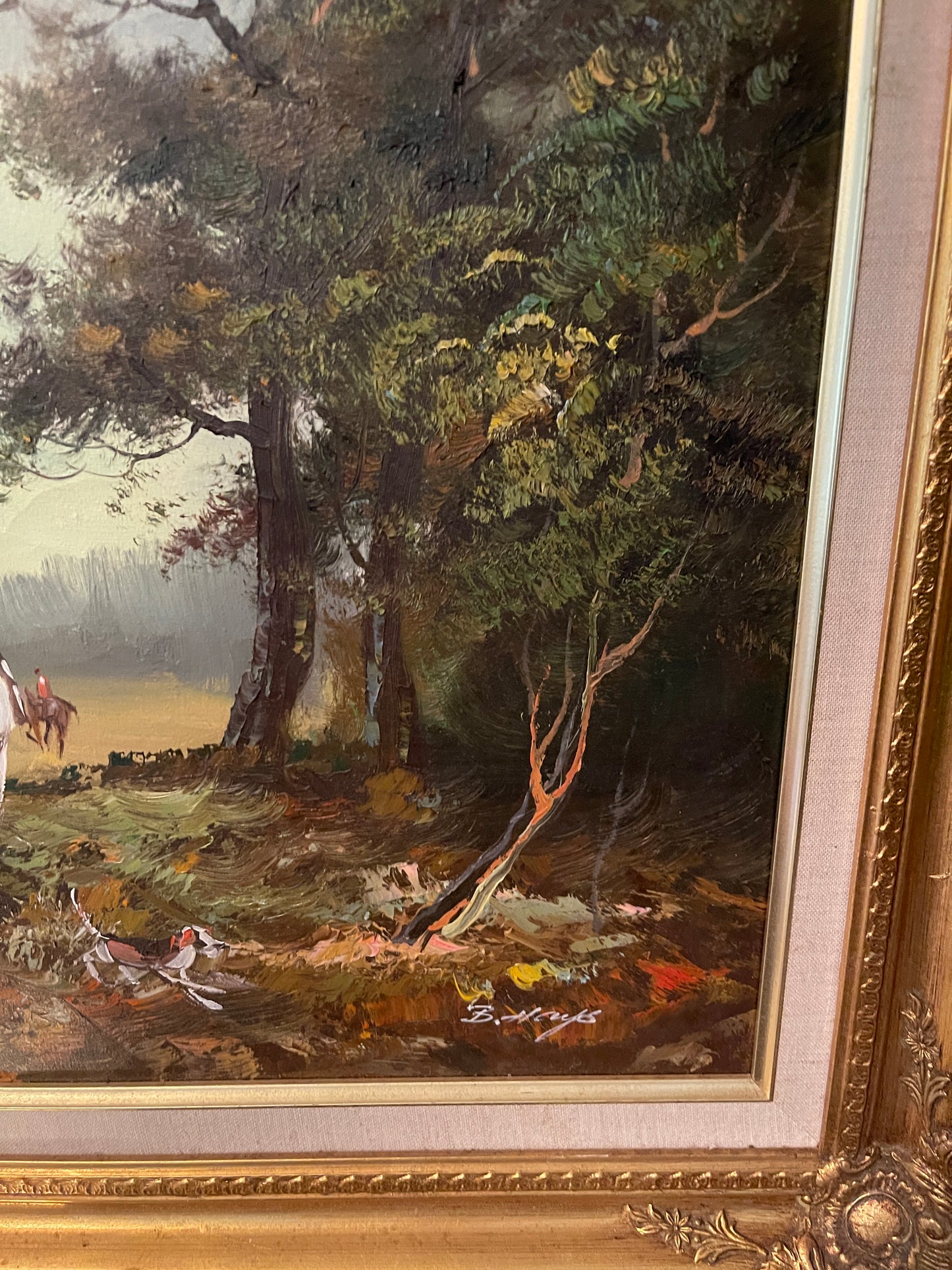 20th-Century Impressionist Hunt Scene, Equestrian Oil Painting in Ornate Gilt Frame, Artist Signed, Round Top Find