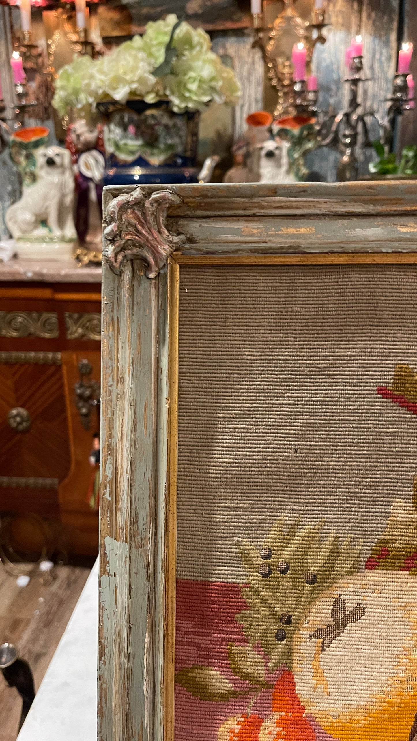 ANTIQUE GAME BIRD NEEDLEPOINT & PETIT POINT IN CUSTOM-FINISHED WOOD FRAME, Country French