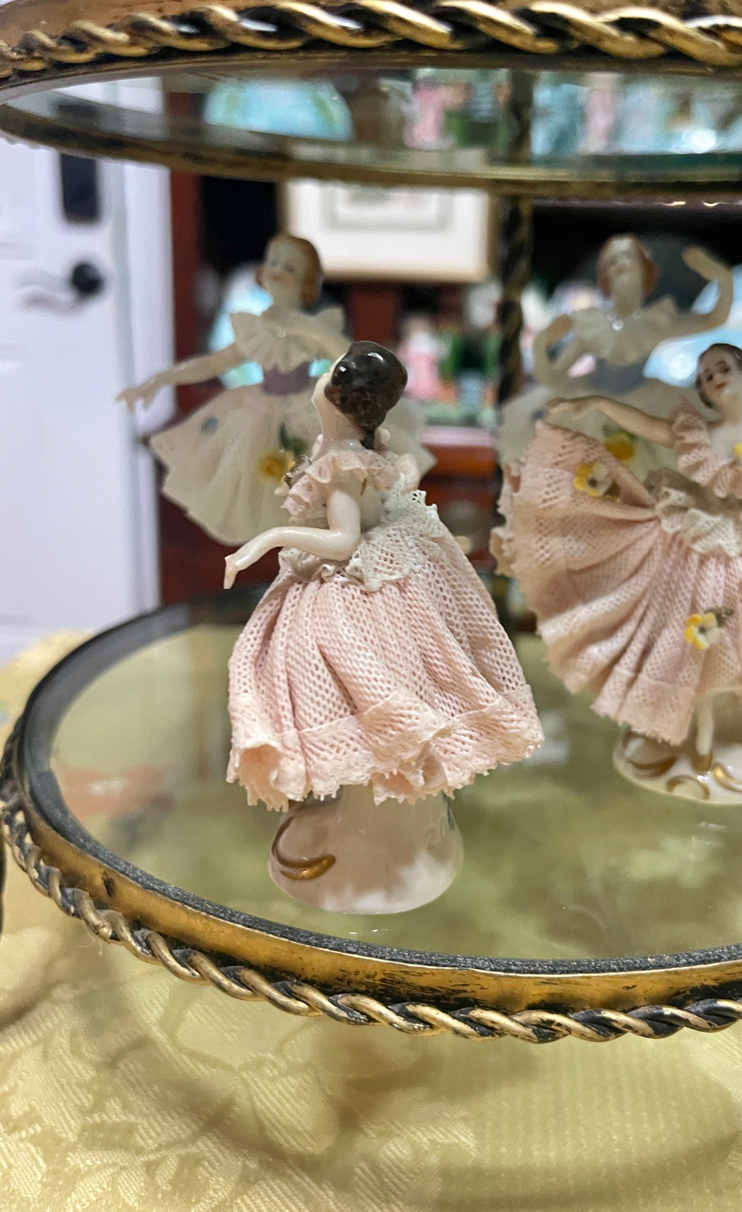 German Porcelain Dresden-Style Lace Dancing Figurine | Vintage European Porcelain Dancer in Pink with Yellow Roses