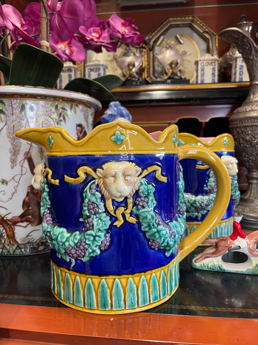 Fitz and Floyd Majolica-Style Pitcher – Monkey Head & Grape Vine Relief | In the Manner of George Jones, TWO AVAILABLE