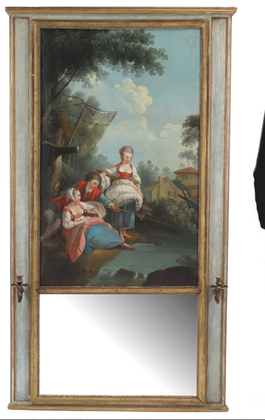 19th Century French Trumeau Mirror with Pastoral Oil Painting – Louis XVI Style Giltwood Frame