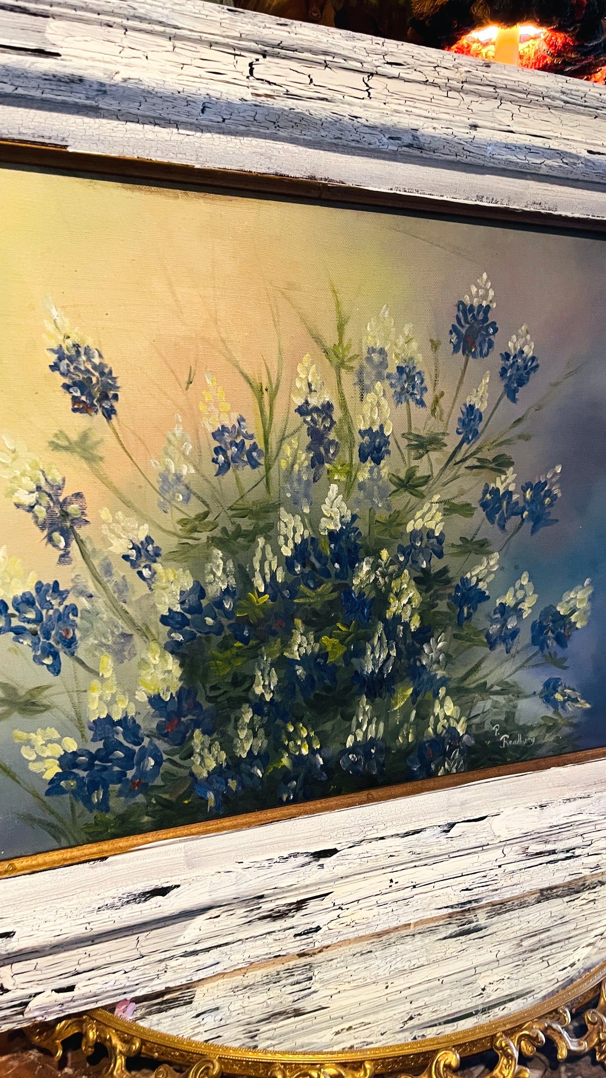 Artist-Signed Bluebonnet Painting in Chippy White Frame, Round Top Find