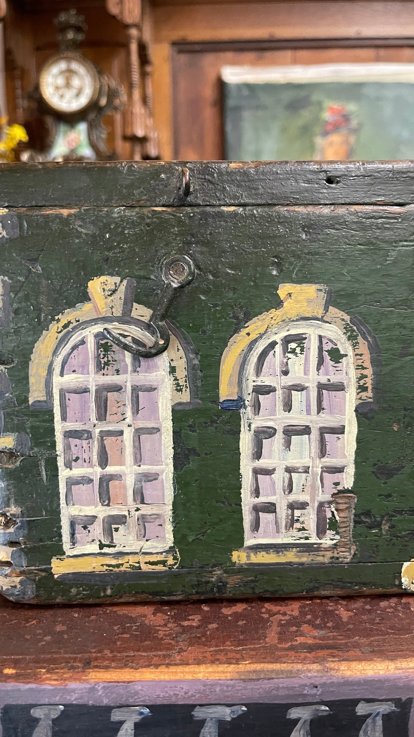 English Georgian Country House Facade Box – Green with Arched Windows and Lilac Doors, 19th Century