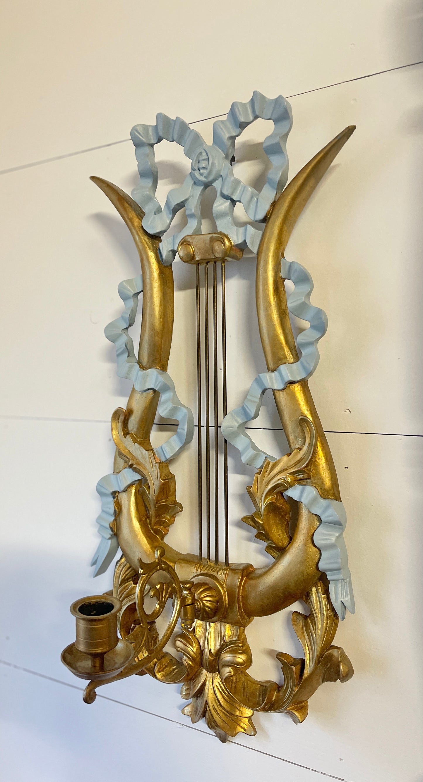 Italian Giltwood Lyre Sconces with Cascading French Blue Bows, Vintage