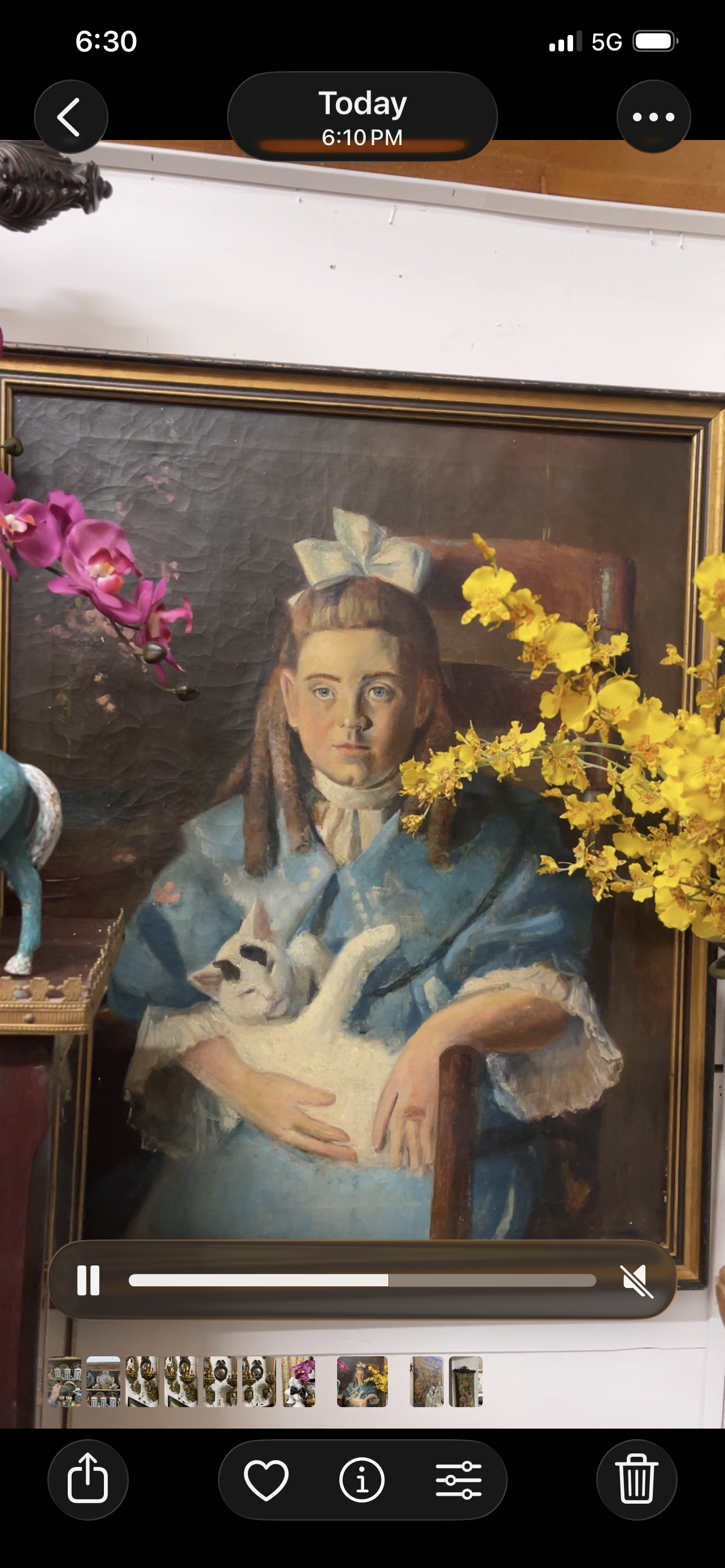 Antique Portrait Oil Painting of Young Girl with White Cat, 19th Century Blue and White Portrait with Bow | Original Antique Portrait Oil Painting