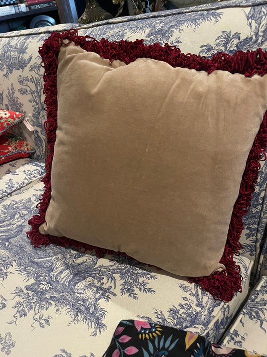 Vintage English Hunt Tapestry Pillows – Burgundy Fringed Elegance -OFFERED SEPARATELY-