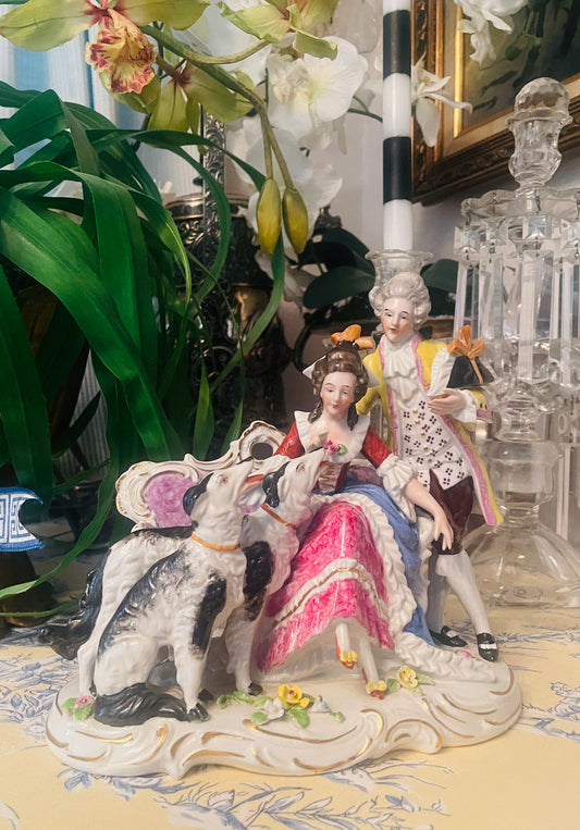 Antique Sitzendorf German Porcelain Group Figurine with Borzoi Dogs | Rococo Courting Scene- 9” tall