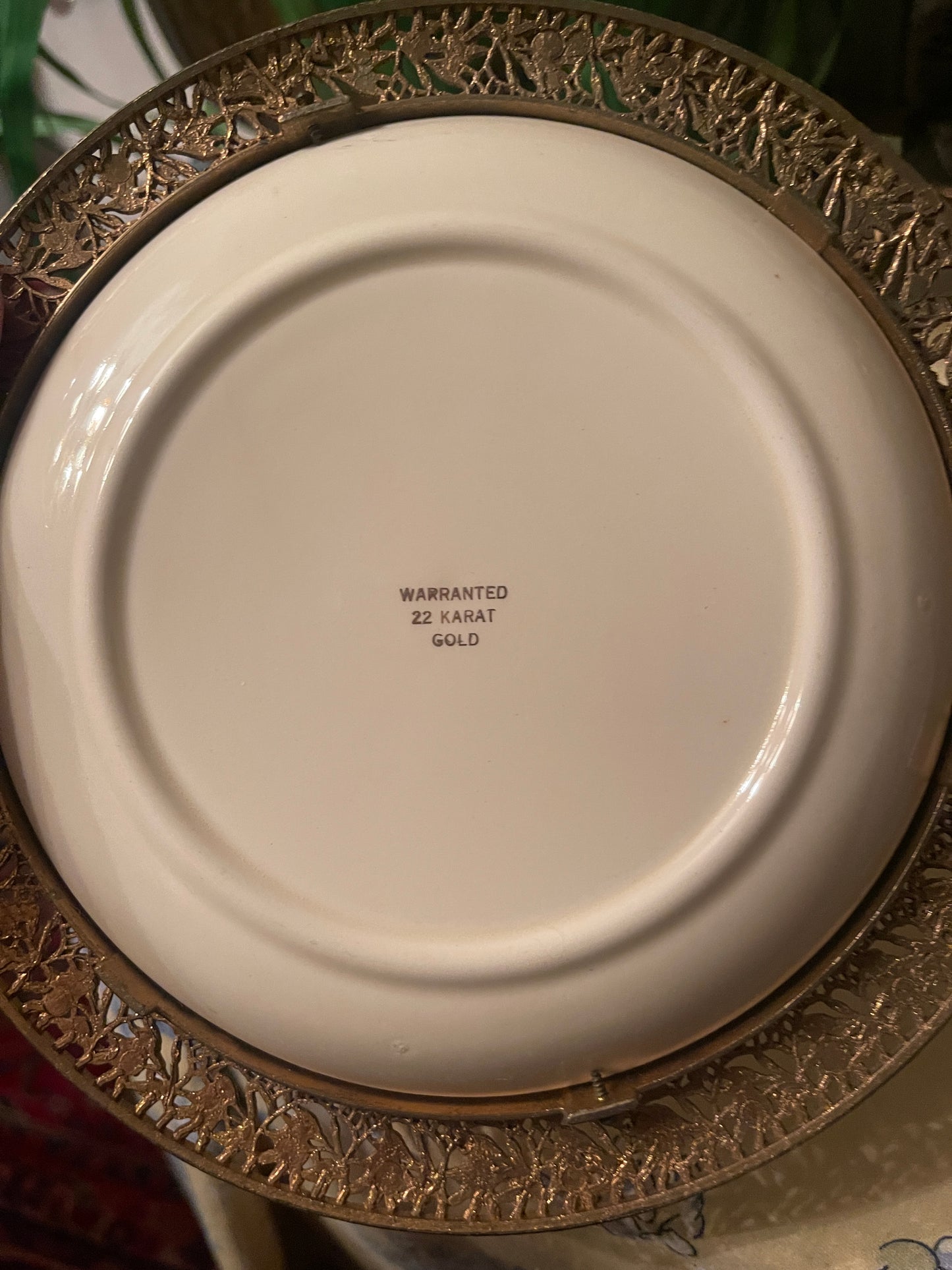 Vintage Pastoral Courting Couple Plate with 22K Gold & Crown Topped Ornate Gilt Holder