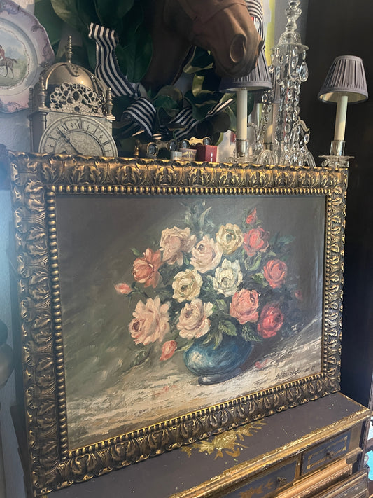 Vintage Floral Still Life, Vased Roses Oil Painting, Artist Signed and Dated