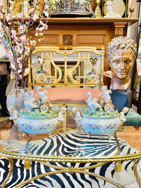 Pair of Vintage Italian Porcelain Cherub Terrines with Swan Chariots