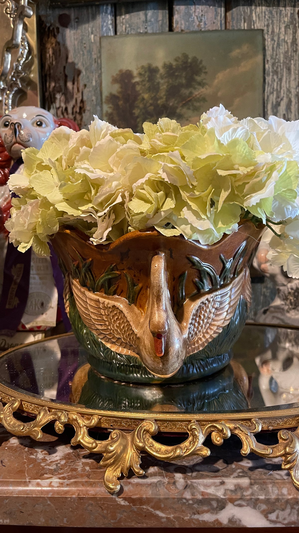 Vintage Majolica Swan Cachepot/Bowl