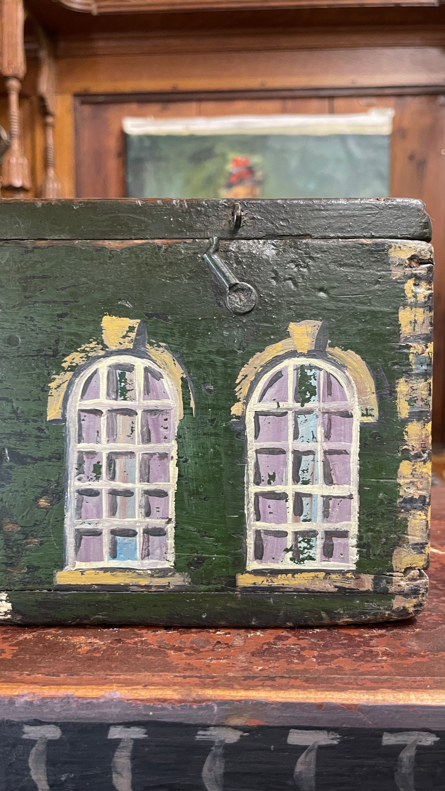 English Georgian Country House Facade Box – Green with Arched Windows and Lilac Doors, 19th Century