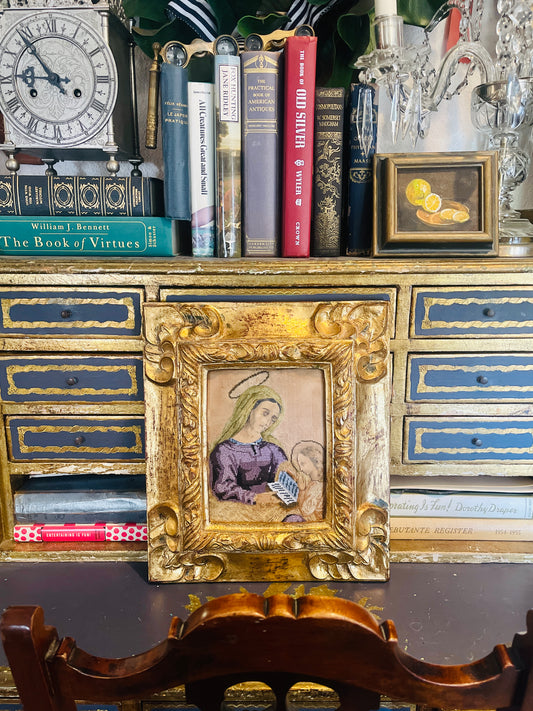 Antique Needlework, Beadwork & Paper Memento d’Amour – Madonna and Christ Child, 19th Century Folk Art Embroidery in Ornate Gilt Wood Frame