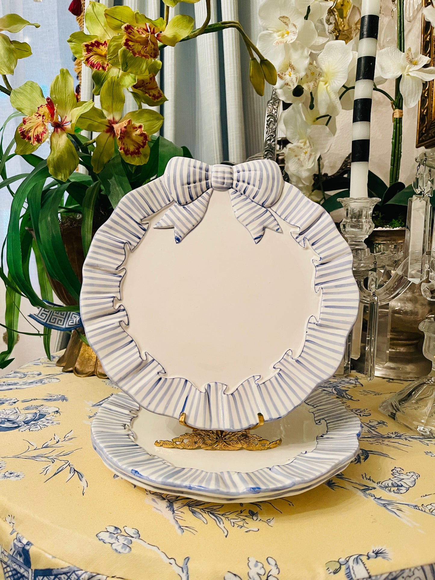 Blue and White Striped Bow  Haldon Group Dinner Plate