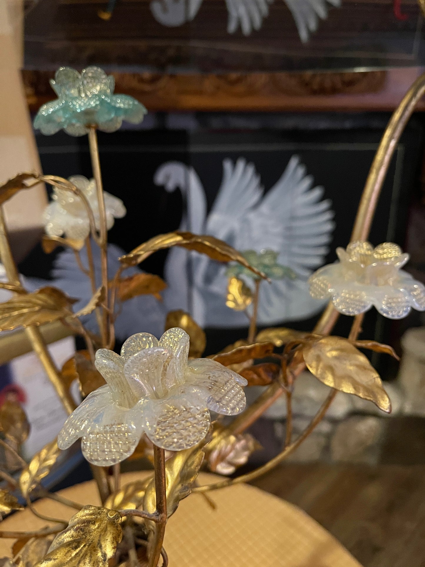 Vintage Italian Gilt Tole Table with Blue and White Murano Glass Flowers, Hollywood Regency Decor