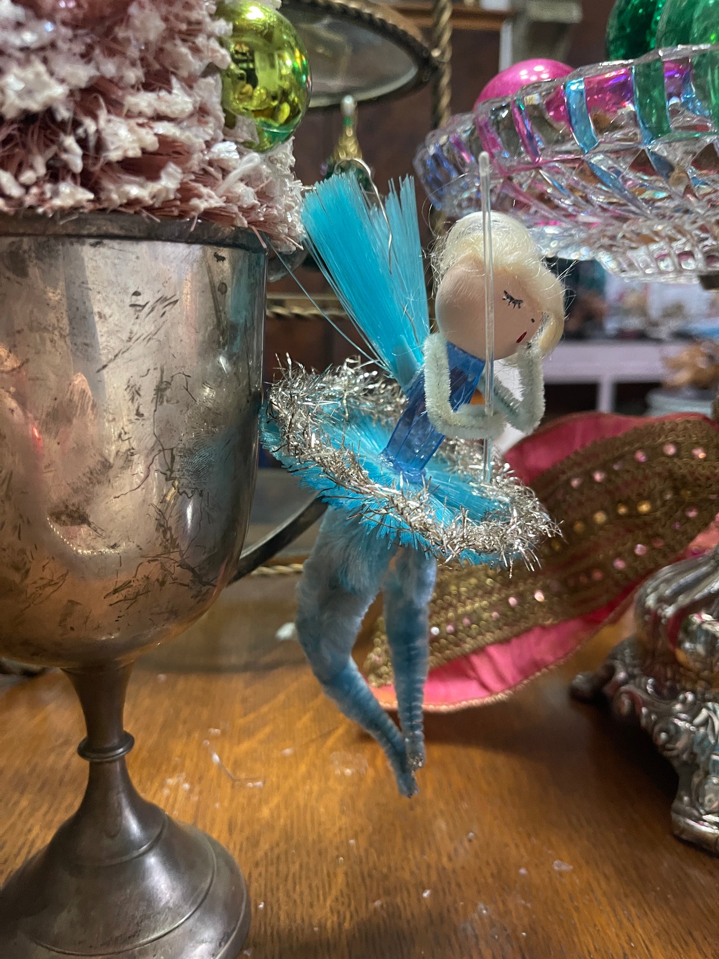 Vintage Handmade Angel Ballerina Ornament – Turquoise Tutu, Tinsel Trim & Shimmering Wings