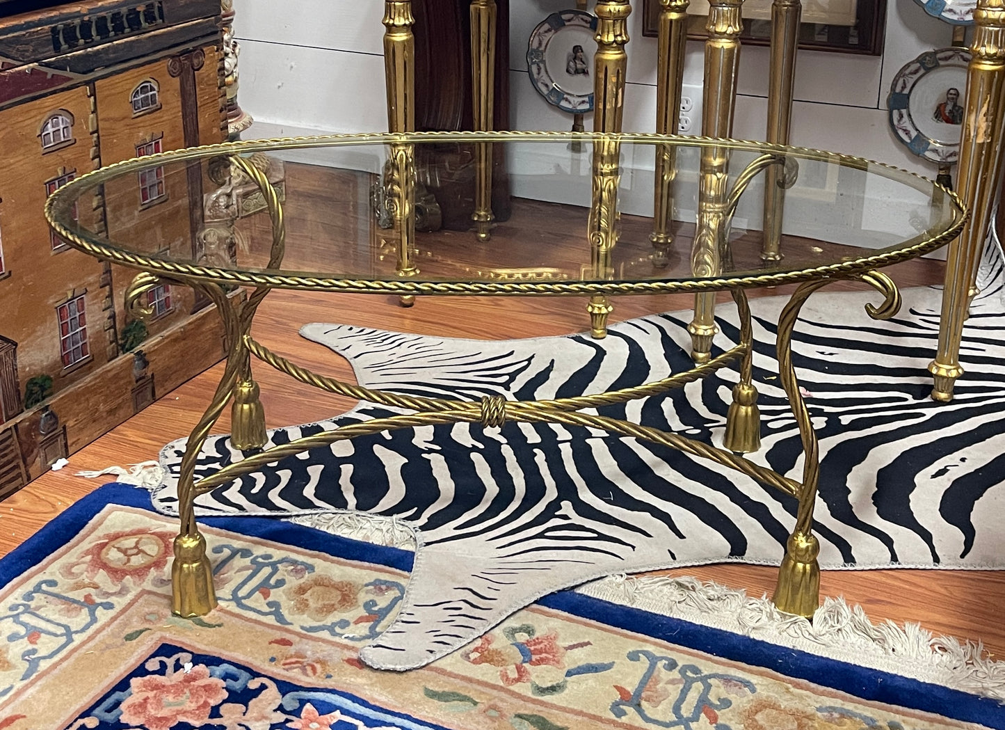 Vintage Italian Hollywood Regency Gilt Rope & Tassel Oval Coffee Table with Original Glass, Round Top Find