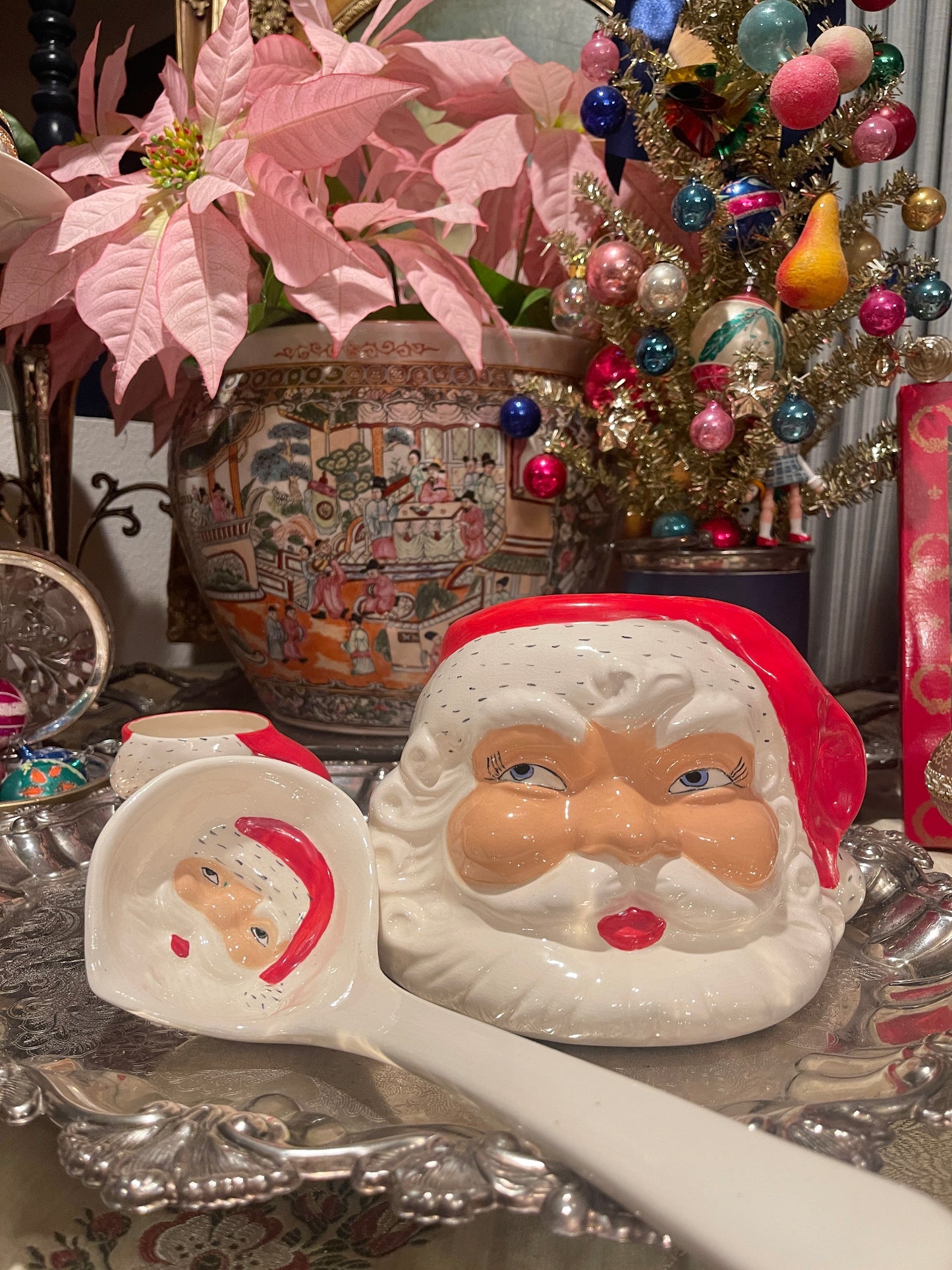 Vintage Santa Punch Bowl, Ladle, and 4 Santa Mug Set