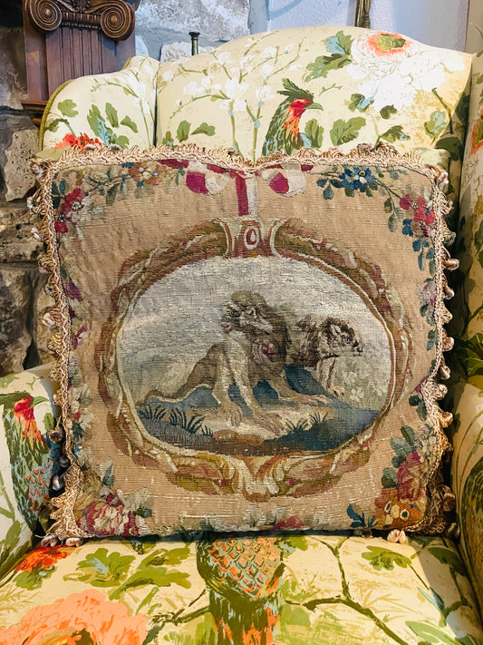 19th Century French Aubusson Tapestry Pillow – Monkey & Lion (?) Allegory, Shunting Silk Backing