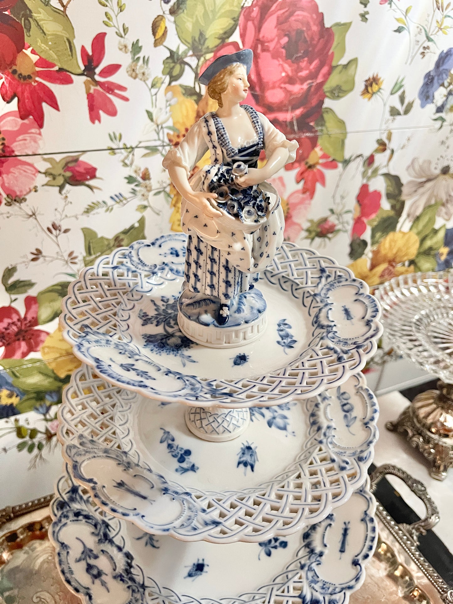 Antique Meissen Figural 3-Tier Blue & White Server with Lady Finial | Rare Porcelain Tiered Tray | 22” Tall