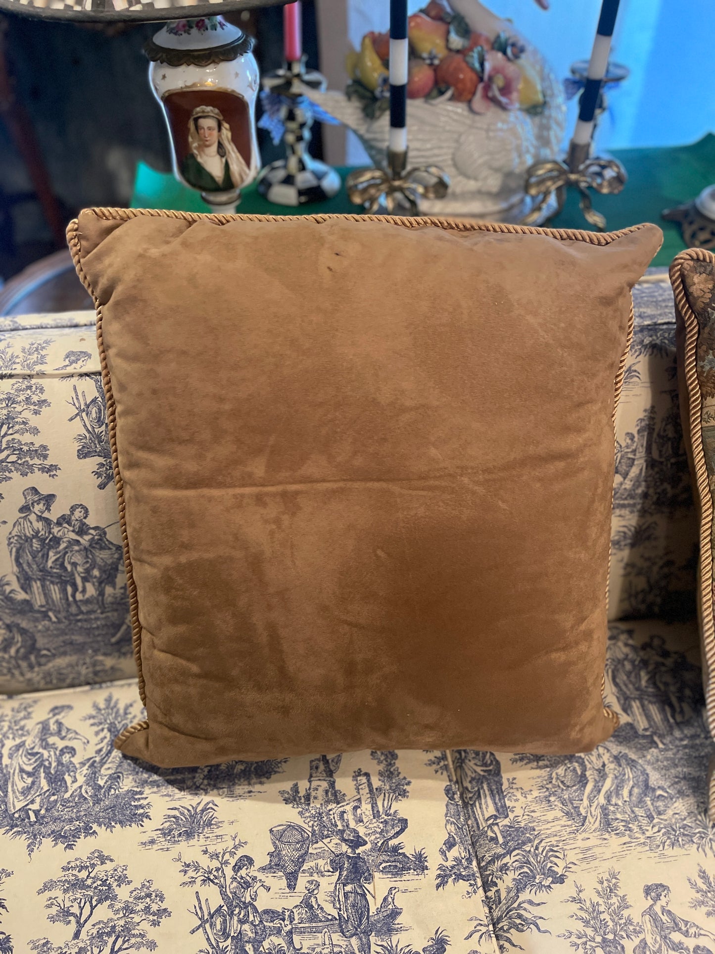 XL French Aubusson Tapestry Pillow — “The Equestrian Promenade” Round Top Find | early 20th Century French Elegance | A Scene of Horses, Hounds & High Romance