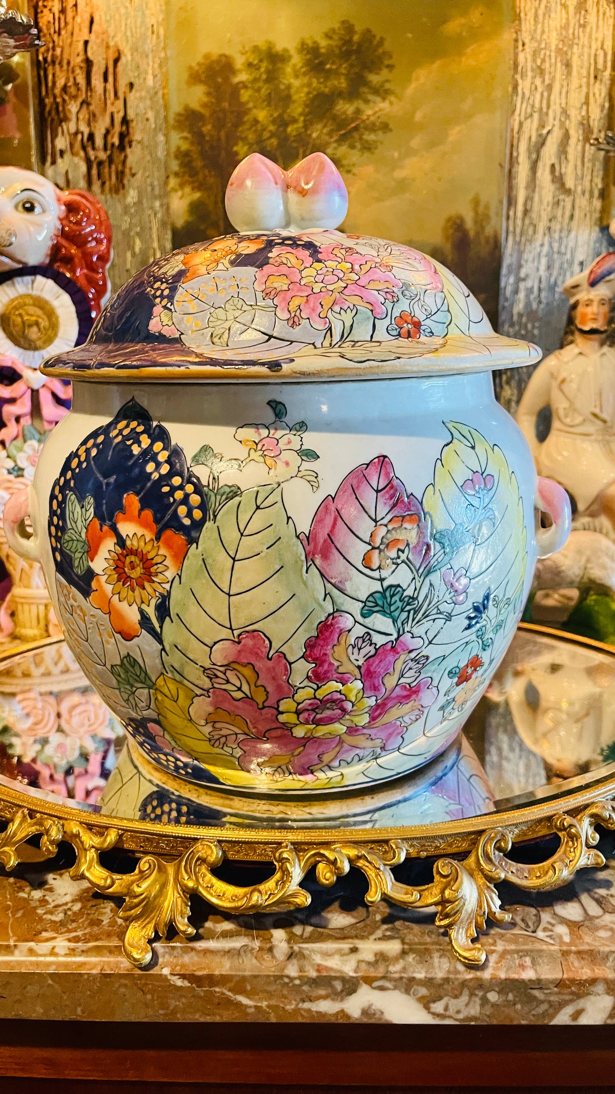 Vintage Tobacco Leaf Covered Jar with Peach Finial & Pink Handles | 11” Tall