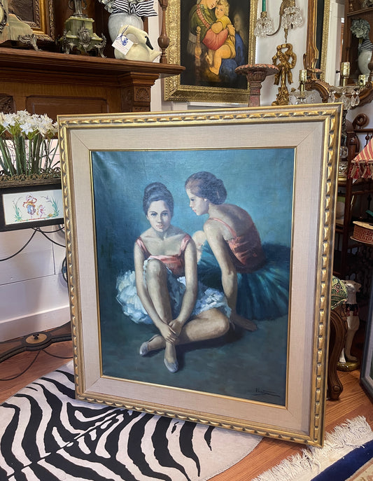 Young Dancers Sitting, Oil Painting on Canvas, Signed Ventage, Ballerina Art, Solid Wood Frame