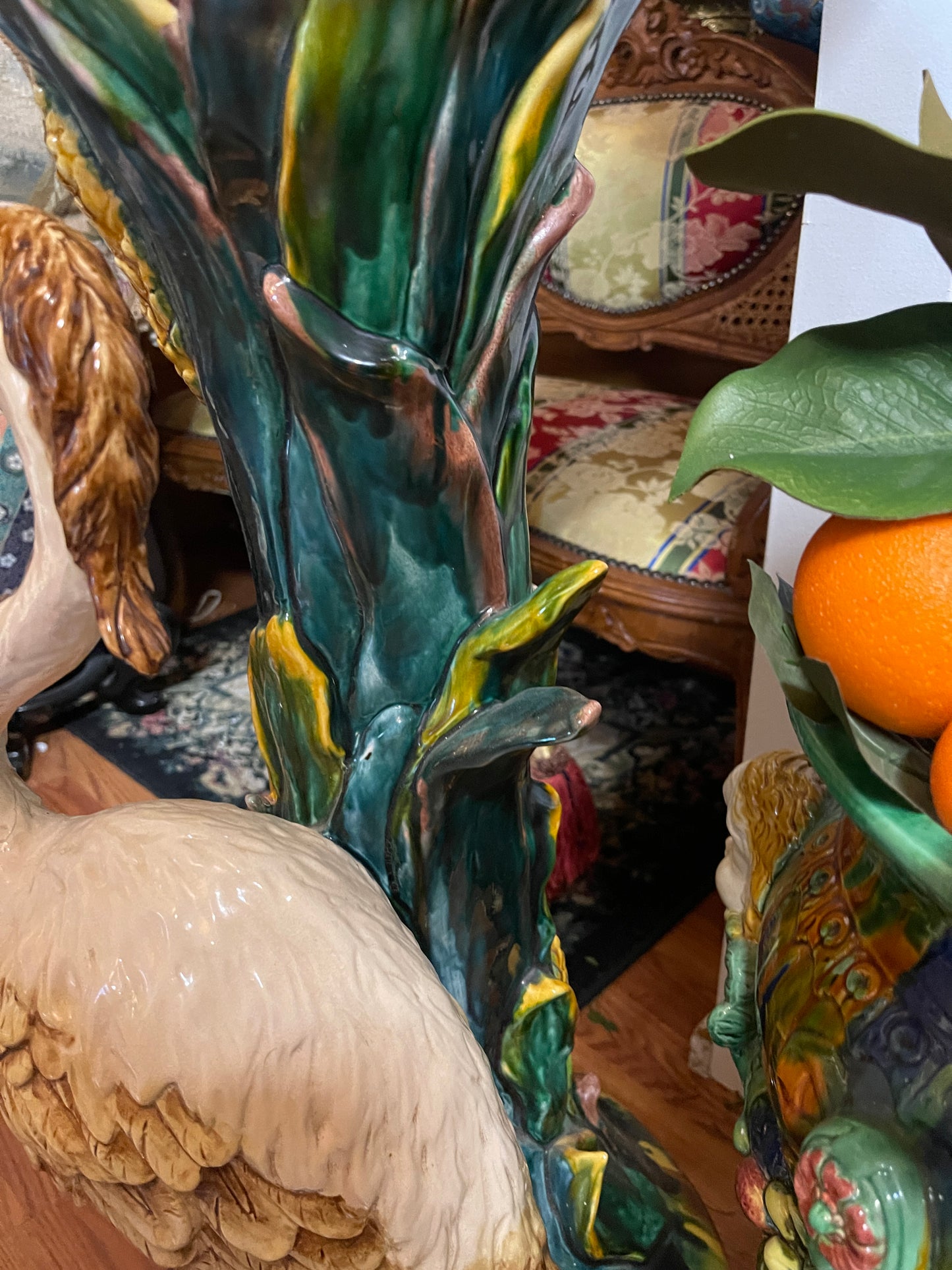 Monumental French Art Nouveau Majolica Jardinière on Heron Stand | Vallauris Style | Palm Beach Chic Coastal Garden Statement Piece