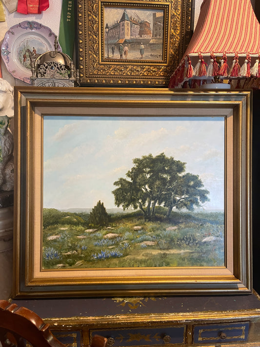 Texas Bluebonnet Painting, Framed French Blue and Gold, Texas Hill Country Painting by Anita Betke (1935-2006)