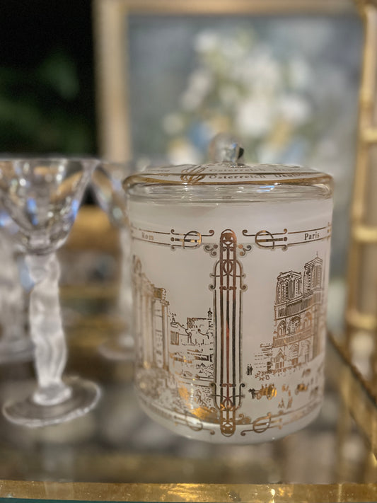 Lebkuchen Schmidt Lidded Canister, Frosted Glass, Gilt Scenes from Paris and London