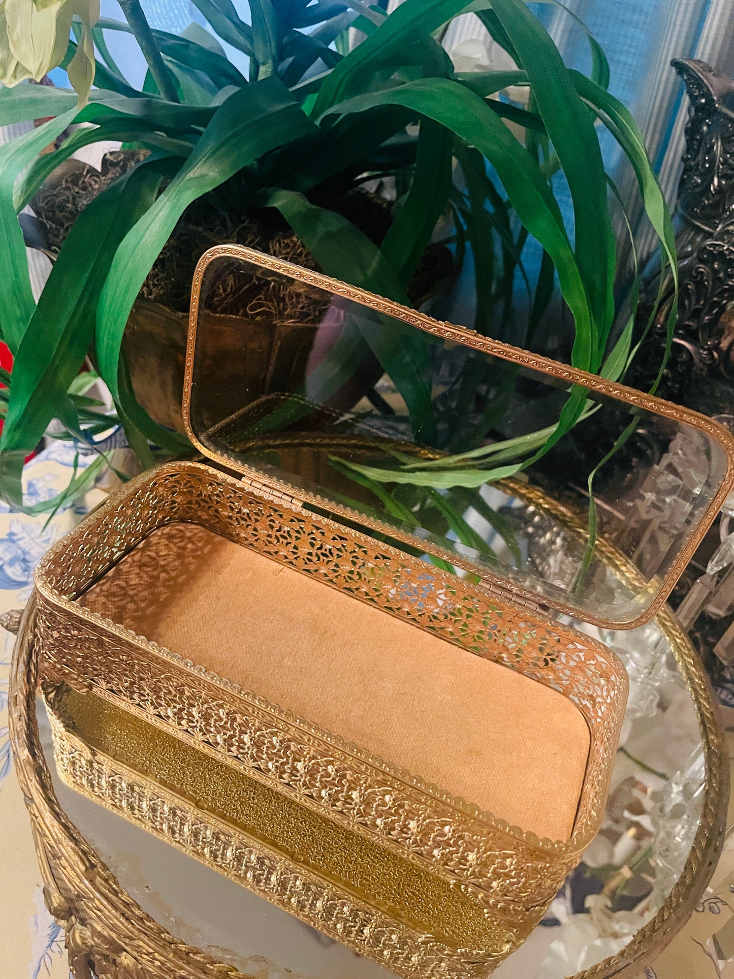 Ornate Ormolu & Beveled Glass Jewelry Casket Box — Vintage Filigree Vanity Treasure