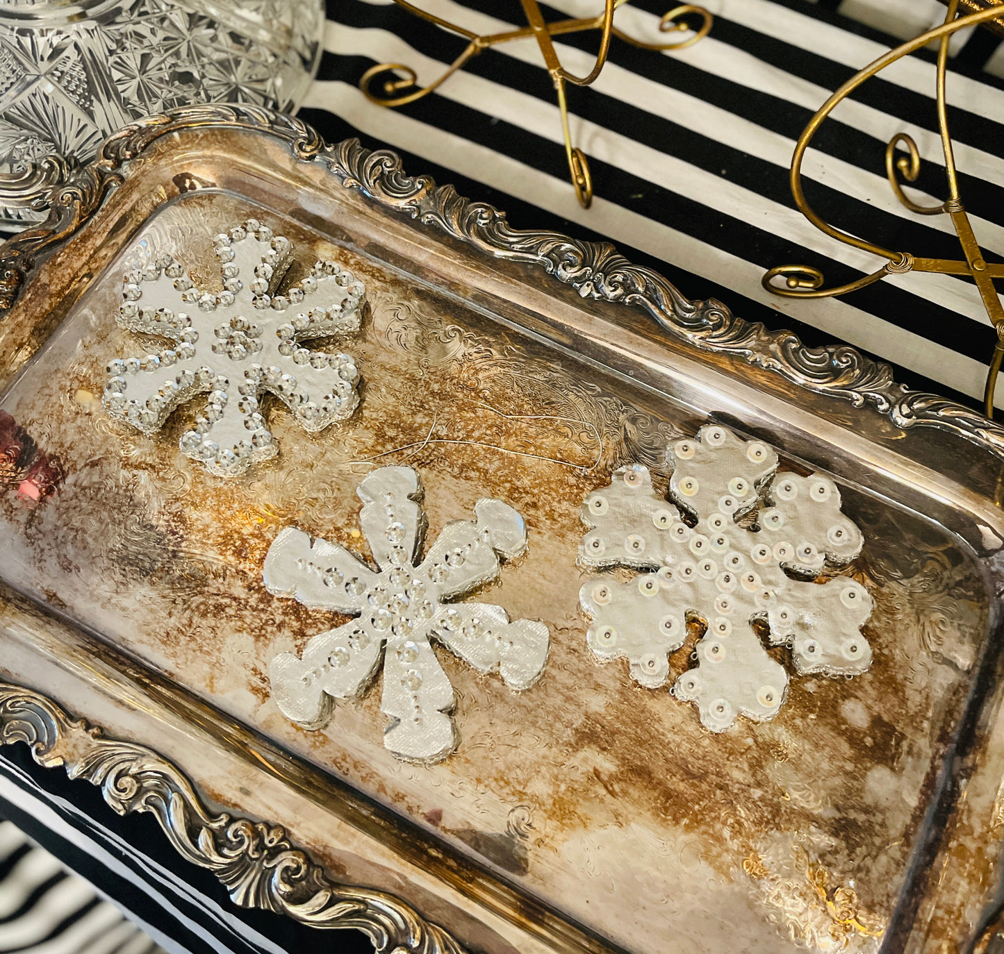 Push Pin Silver Sowflake Christmas Ornaments, Set of 3