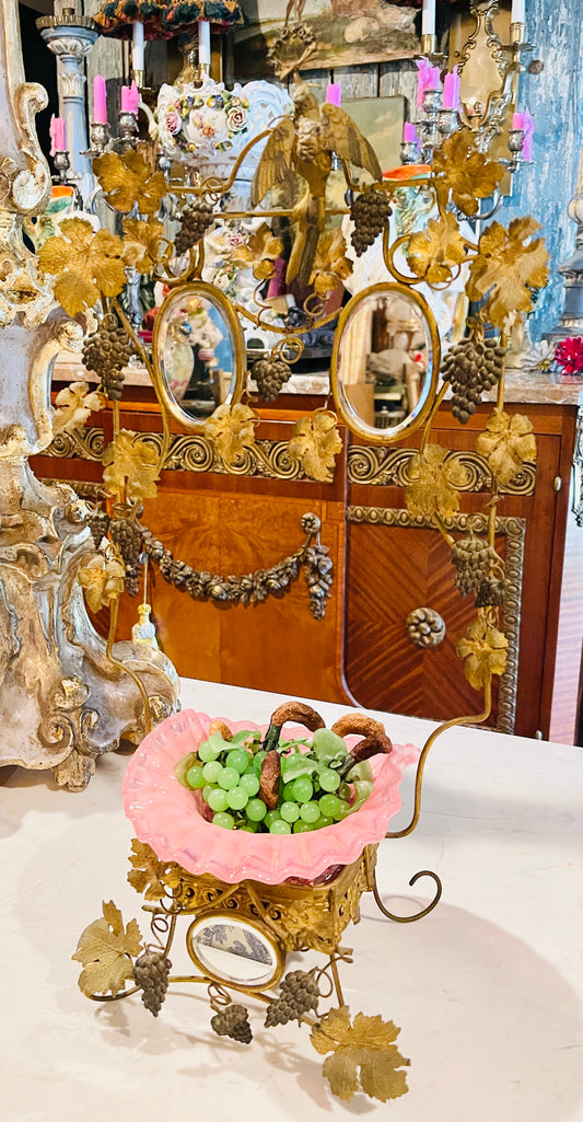 Victorian Grapevine Centerpiece with Mirrors & Bird Carrying Laurel Wreath | Antique Figural Epergne