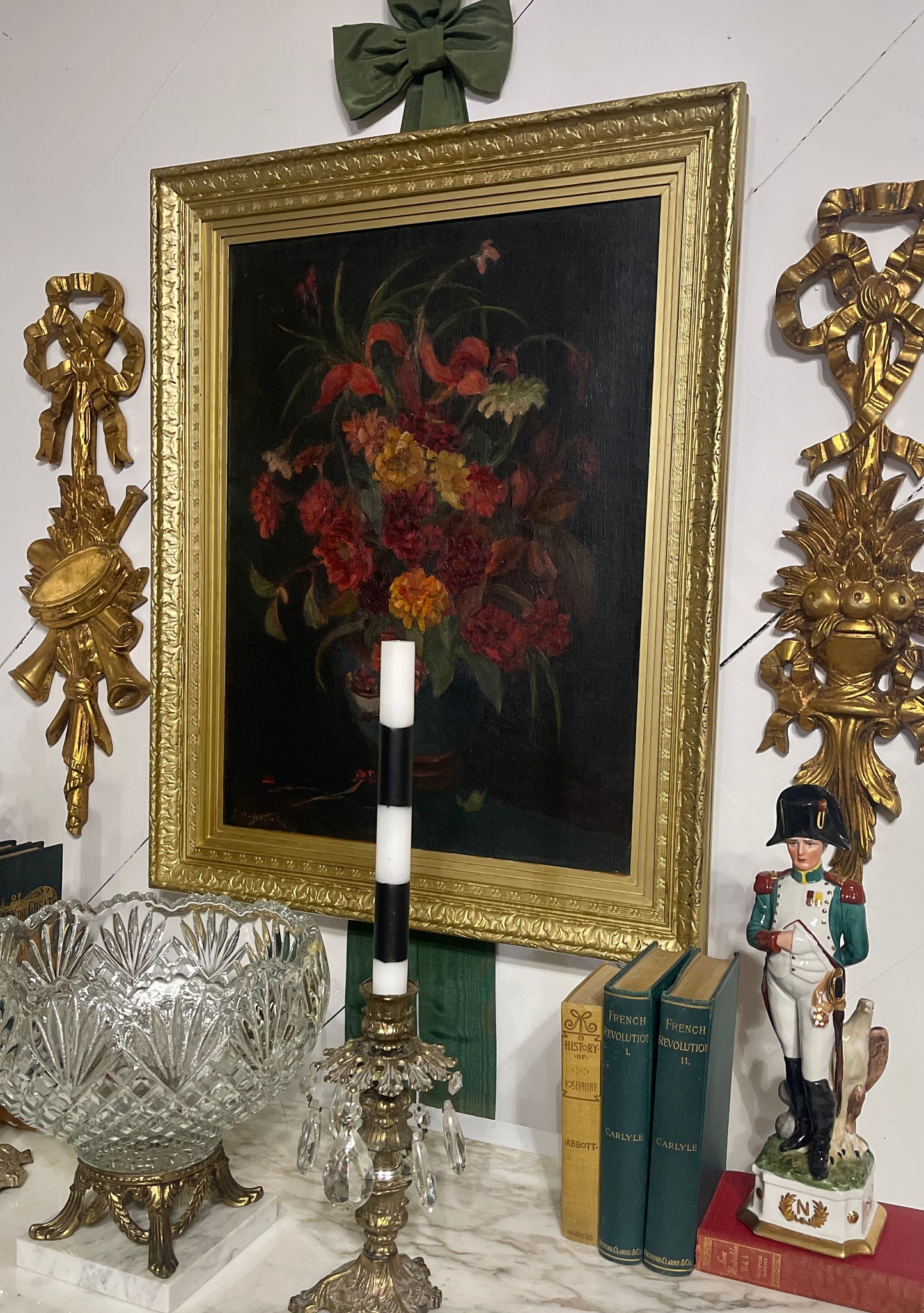 Moody Antique Floral Still Life Painting, Oil on Linen, Signed, Ornate Gold Frame