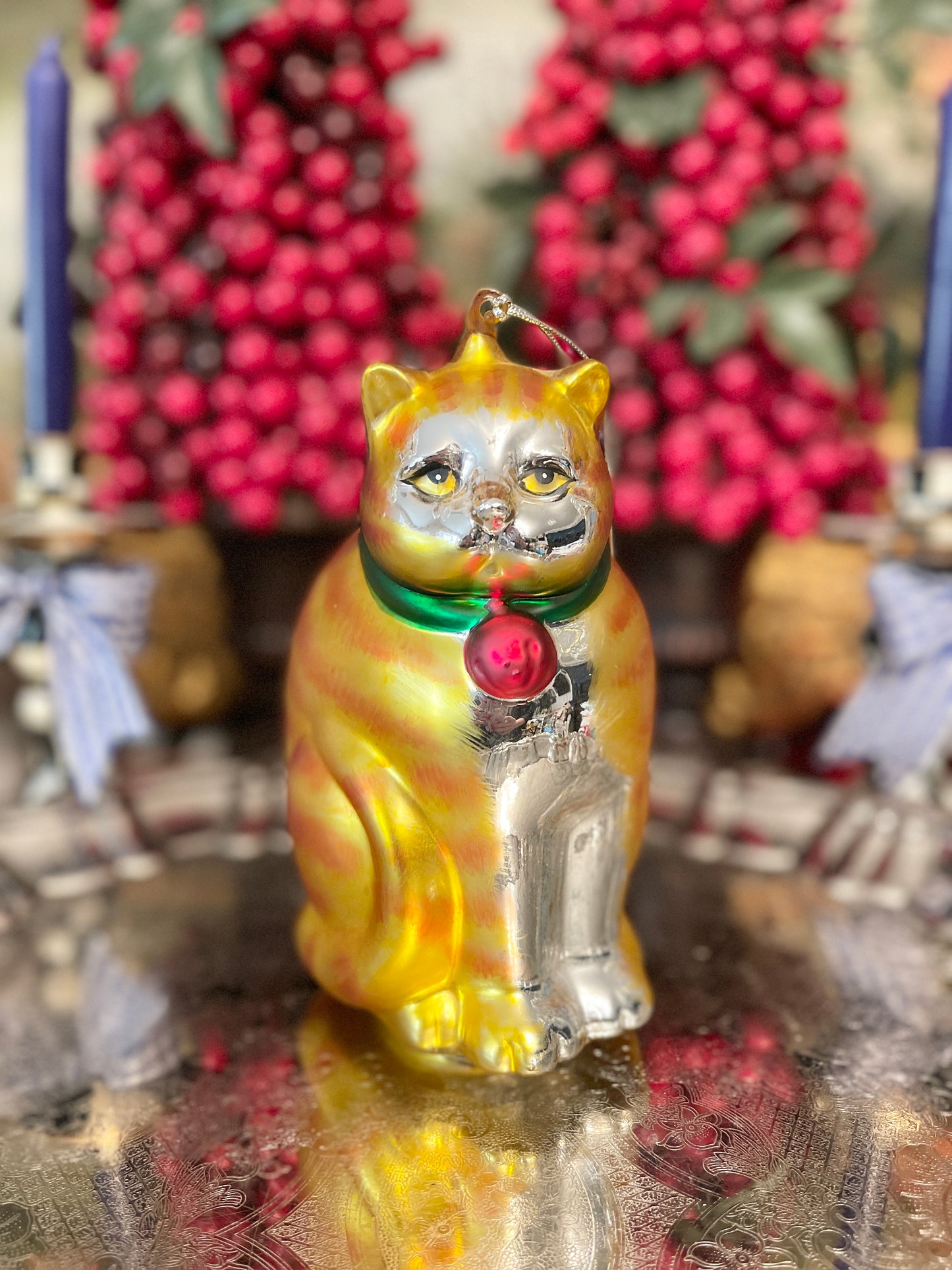 Vintage Hand Painted Dept 56 Fat Cat Mercury Glass Ornament