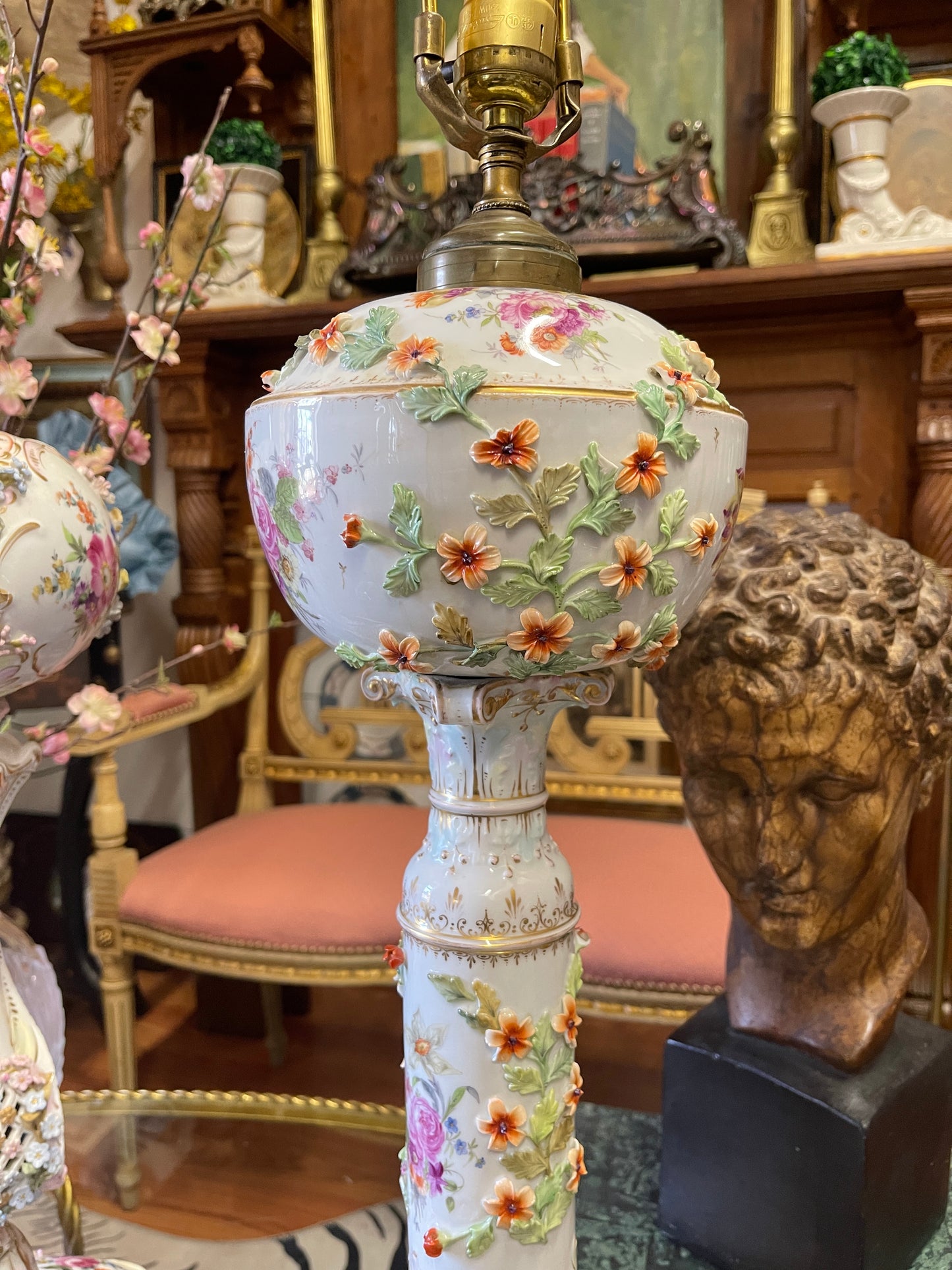 Pair of Monumental Vintage Porcelain Floral Lamps