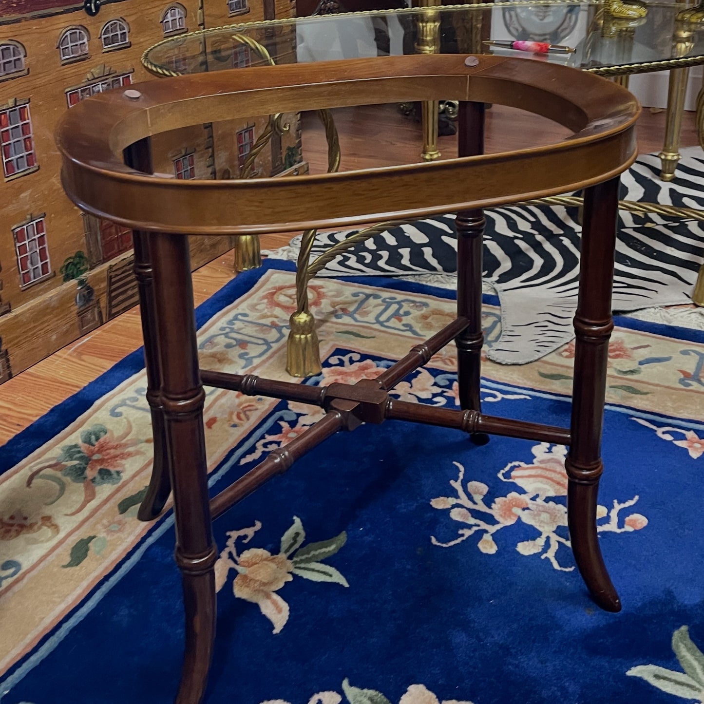 Wedgwood Blue Willow Platter Table with Vintage Faux-Bamboo Base, Chinoiserie Decor