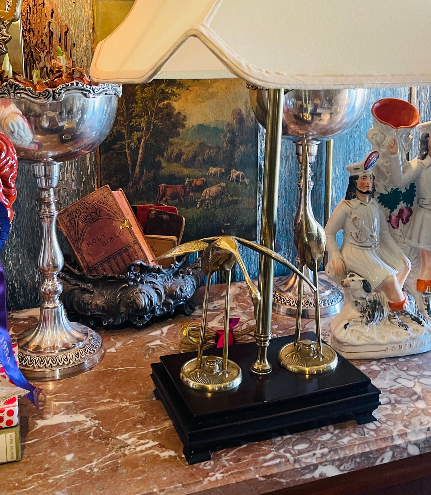 Hollywood Regency Chinoiserie Brass Double Crane Heron Lamp on Footed Wood Base, Vintage Lighting